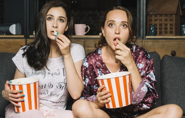 Coliving entre femmes : 6 activités de groupe | Flatzen 3 Deux jeunes femmes en train de regarder un film