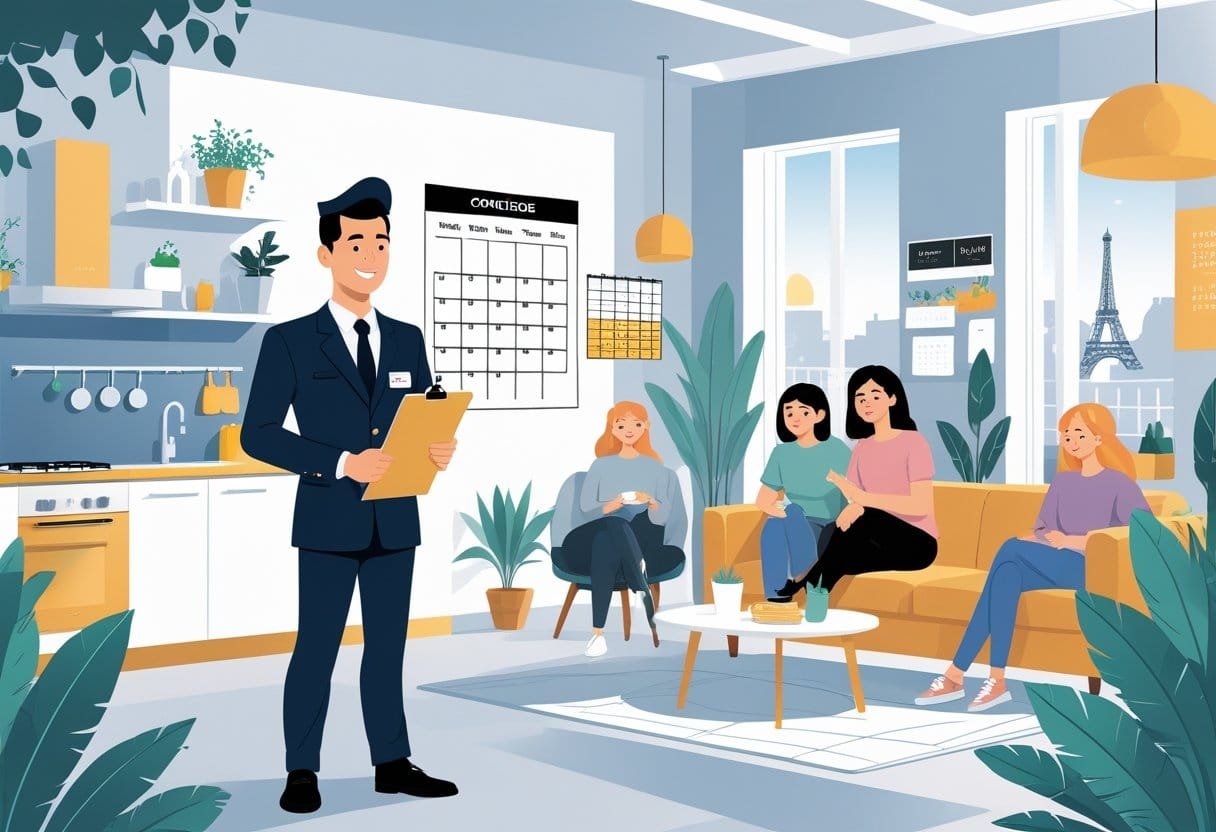 Un concierge professionnel interagit avec des locataires dans un appartement partagé moderne en Île-de-France, avec une cuisine commune et un salon confortable en arrière-plan.