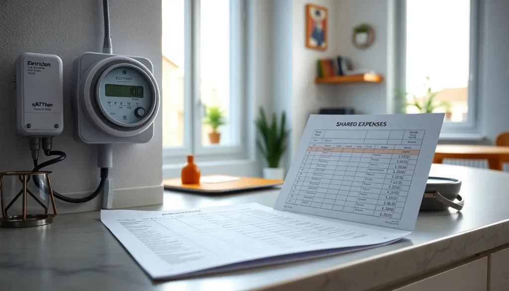 Charges en colocation - compteur électrique et factures sur un plan de travail de cuisine | Flatzen Île-de-France