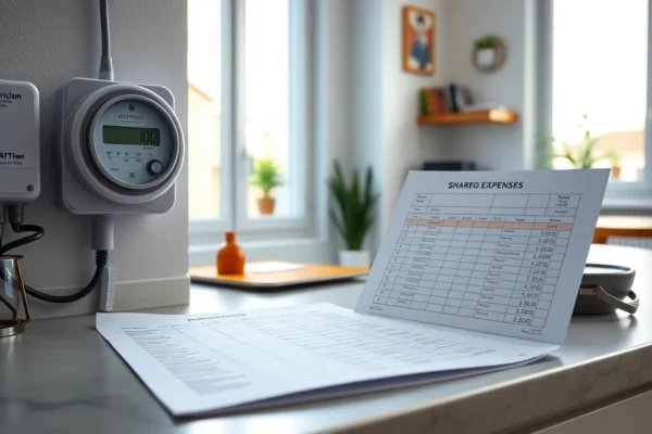 Charges en colocation - compteur électrique et factures sur un plan de travail de cuisine | Flatzen Île-de-France