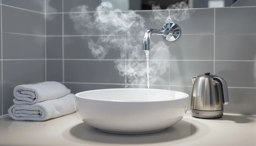 Coupure d'eau chaude en colocation IDF : robinet et bouilloire d'appoint dans une salle de bain