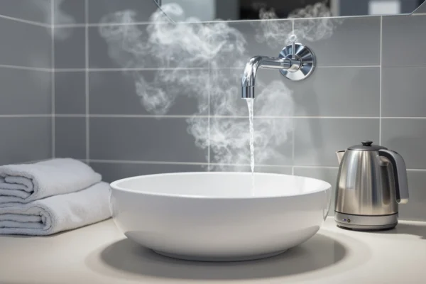 Coupure d'eau chaude en colocation IDF : robinet et bouilloire d'appoint dans une salle de bain