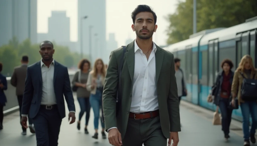 Jeune actif d'origine sud-asiatique se rendant au RER pour rejoindre La Défense depuis Cergy