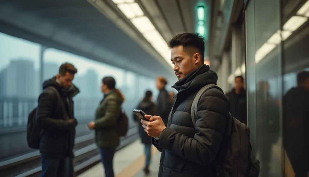 Jeune actif d'origine asiatique sur le quai du RER A en route vers La Défense