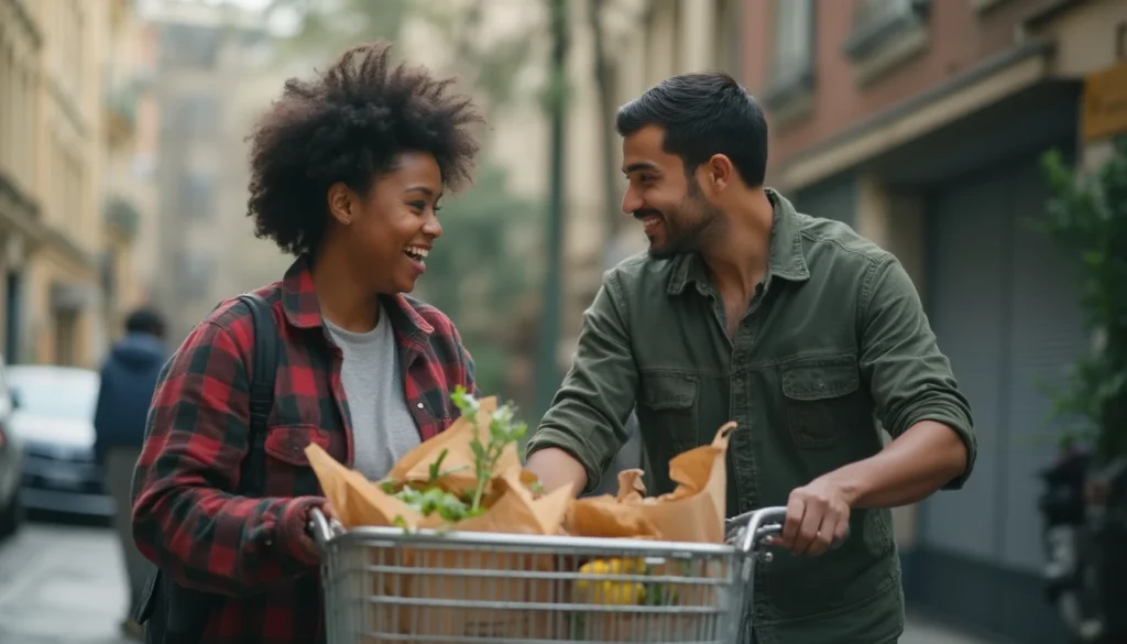 Colocataires d'origines et de corpulences diverses chargeant un vélo cargo partagé devant leur immeuble