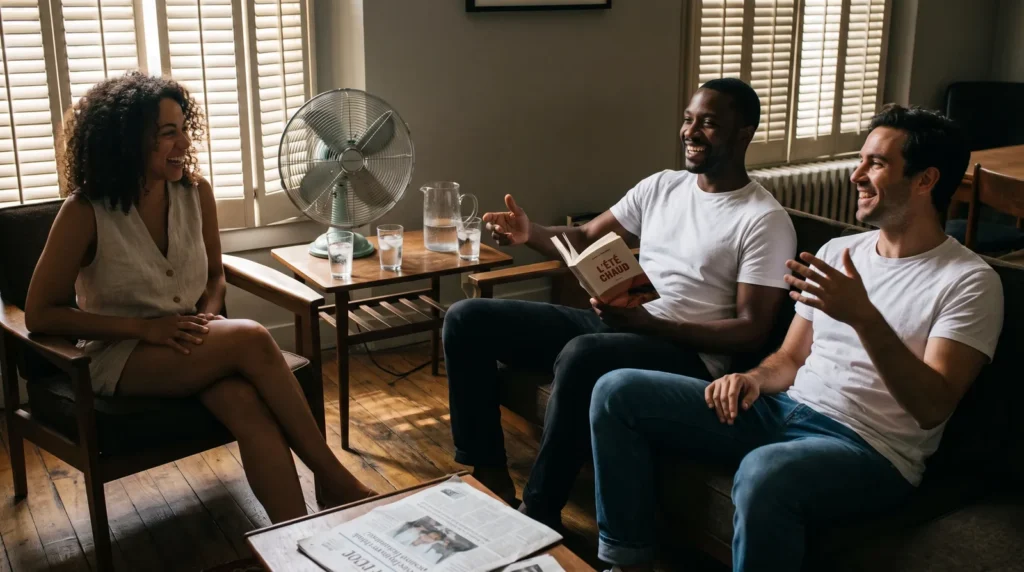 Colocataires d'origines et de corpulences diverses en pleine canicule dans un appartement parisien