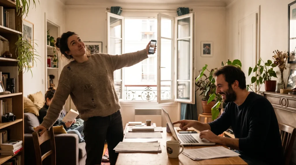 Jeune colocataire noir cherchant du réseau mobile près d'une fenêtre en appartement parisien