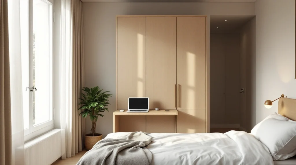 Chambre meublée avec bureau et lit face à une pièce vide au parquet brut, colocation meublée ou non meublée en Île-de-France