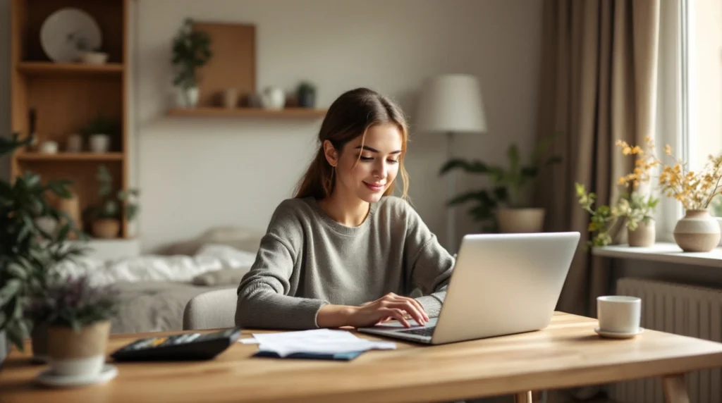Comment Léa a enfin compris ses APL en colocation (et économisé plus de 200€ par mois) 2 Jeune active préparant son dossier d APL à son bureau dans une chambre de colocation meublée en Île-de-France